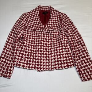 Talbots Wool Blend Moto Jacket Size 8 Red White Houndstooth Full Zip Lined EUC